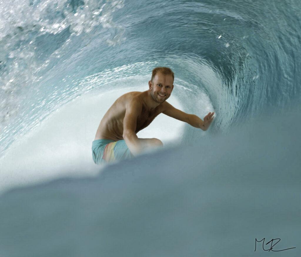 En man surfar i tuben på en våg