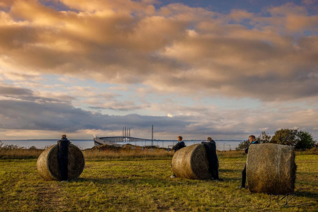 En eller fyra män tittar ut över Öresund vid solnedgång